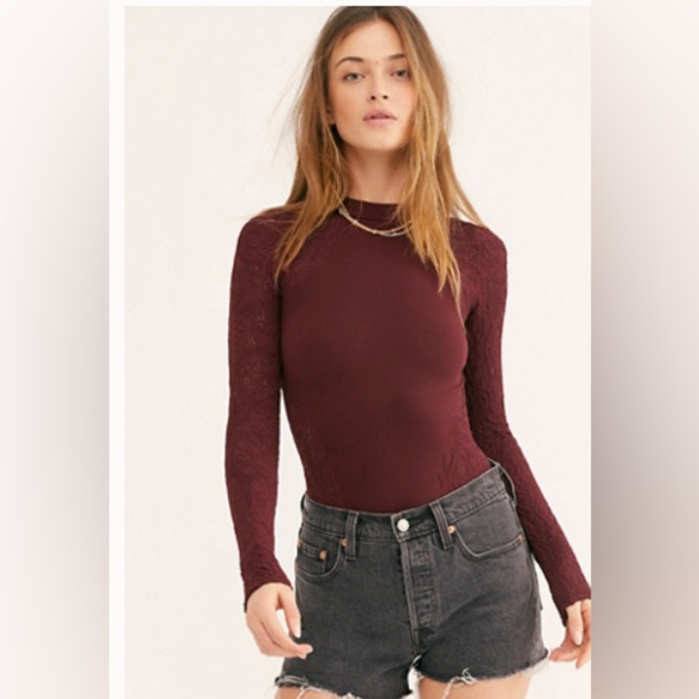 Free People Dark Wine lace trim top (fits like a bodysuit without the bodysuit!)